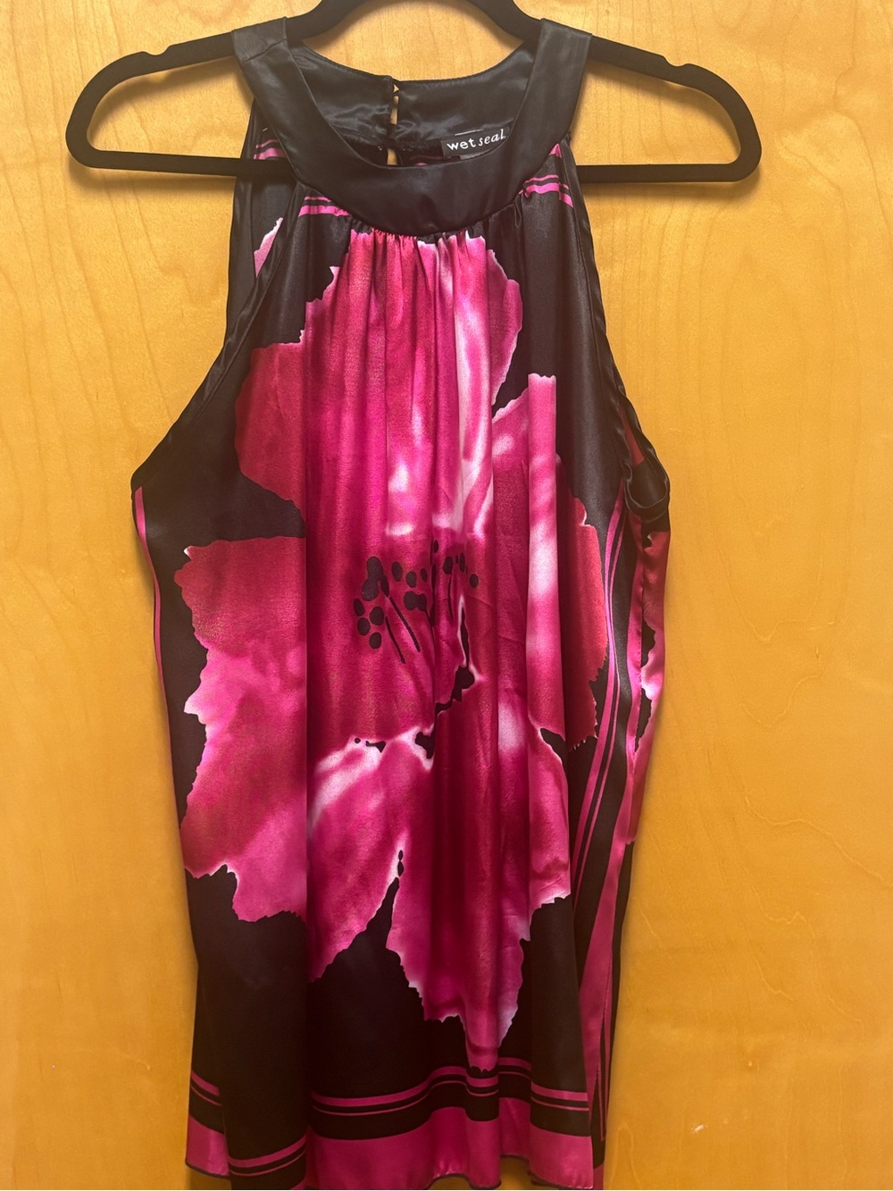 Wet Seal Black and Hot Pink Floral Halter Camisole